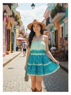 new Hale Bob 𖦹 Chic Crinkled Silk Mini Dress Midi Skirt 𖦹 Aqua Ombre Print 𖦹 M